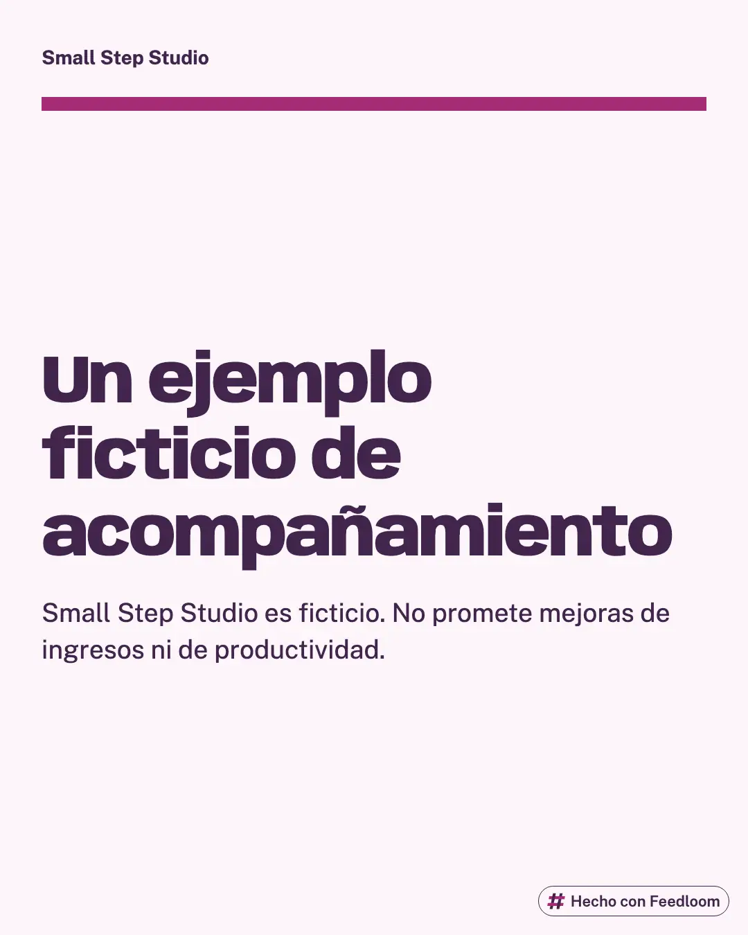 Publicación de texto que identifica Small Step Studio como ficticio y aclara que no garantiza resultados.