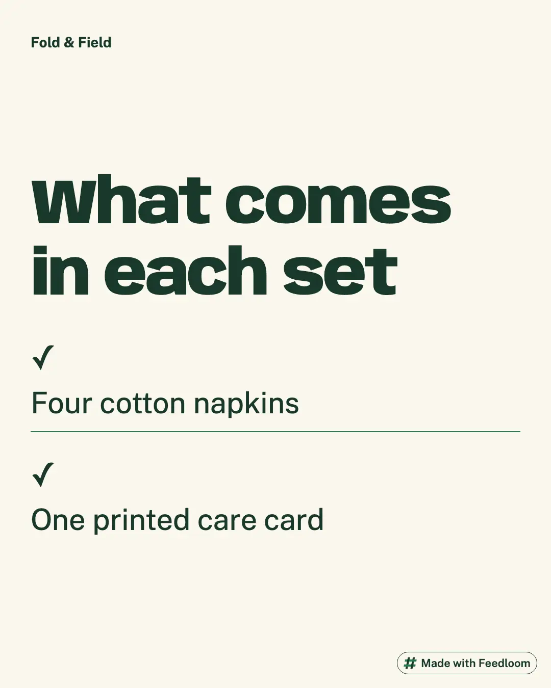 Text list of set contents: four cotton napkins and one printed care card.