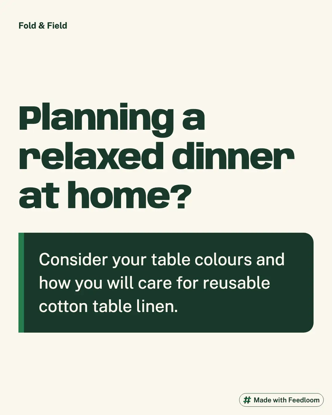 Text asking about table colours and cotton linen care when planning a relaxed dinner.