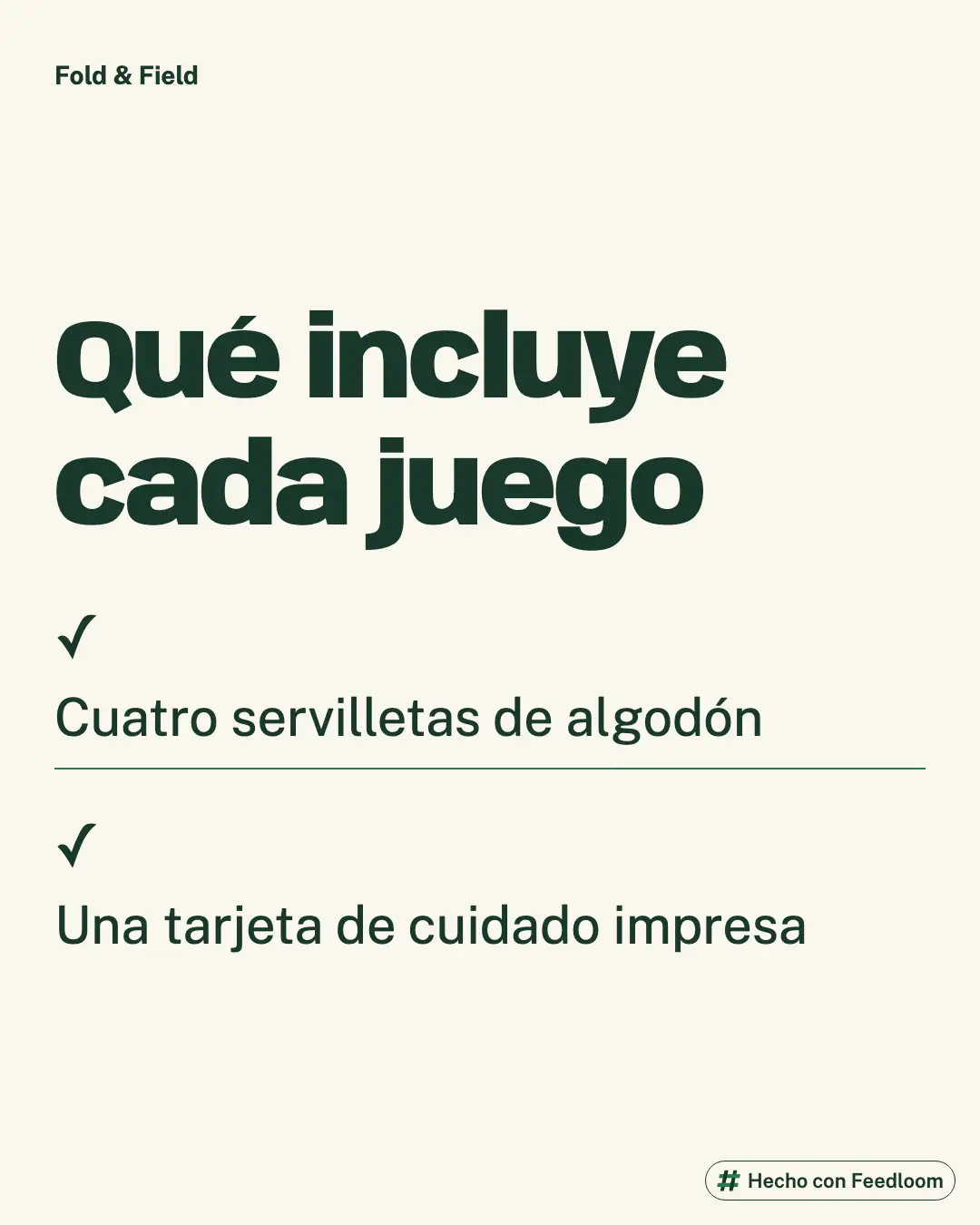 Lista de contenido: cuatro servilletas de algodón y una tarjeta de cuidado impresa.