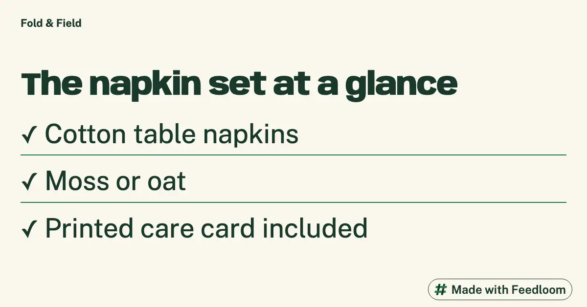 Text list introducing cotton napkins, moss or oat colours, and an included printed care card.