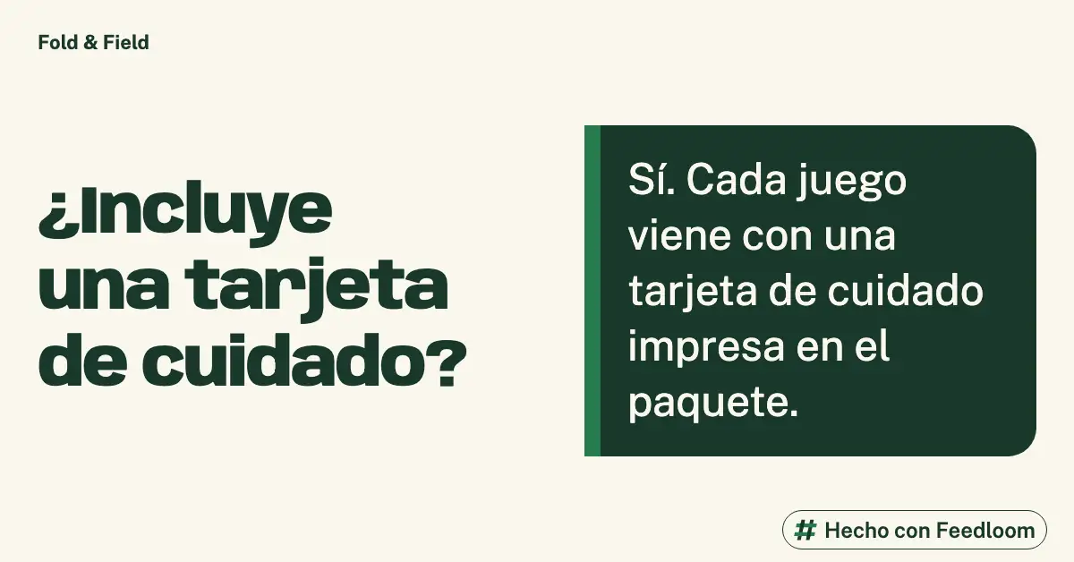Texto que confirma que cada juego de servilletas incluye una tarjeta de cuidado impresa.