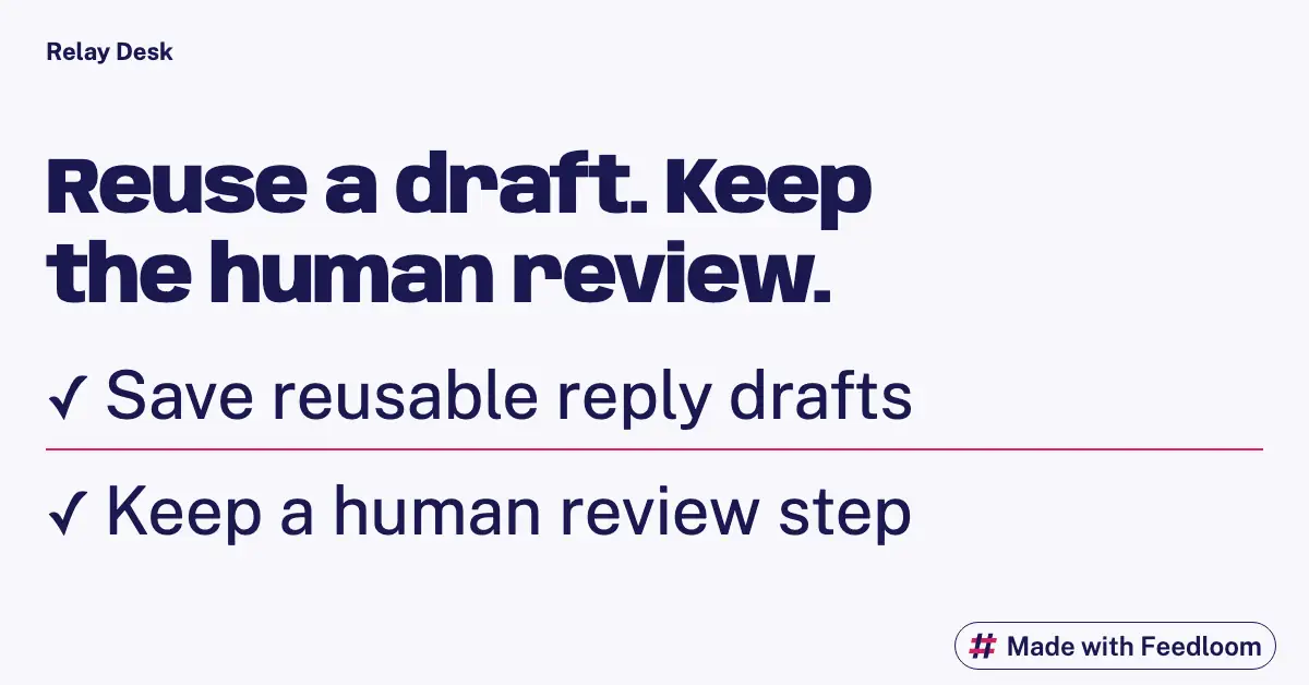 Two-item text list about saving reusable reply drafts and keeping a human review step.