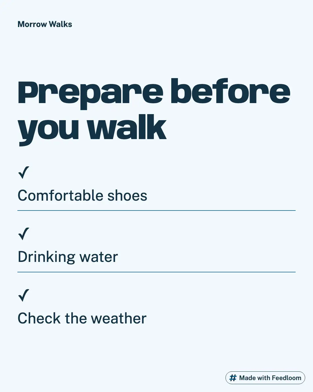 Preparation checklist listing comfortable shoes, drinking water and checking the weather.